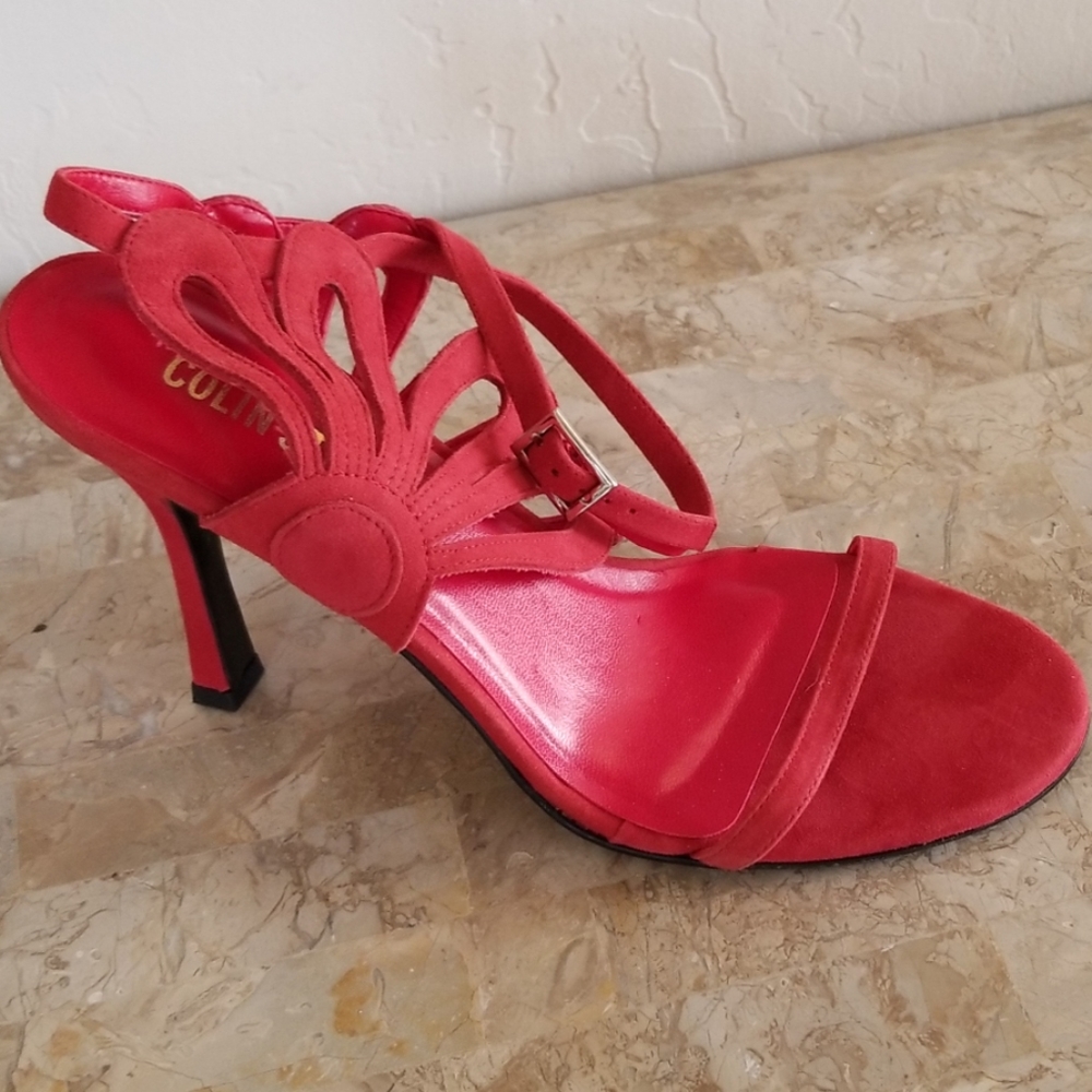 Red Suede Flower Ankle Wrap Heels NWOT